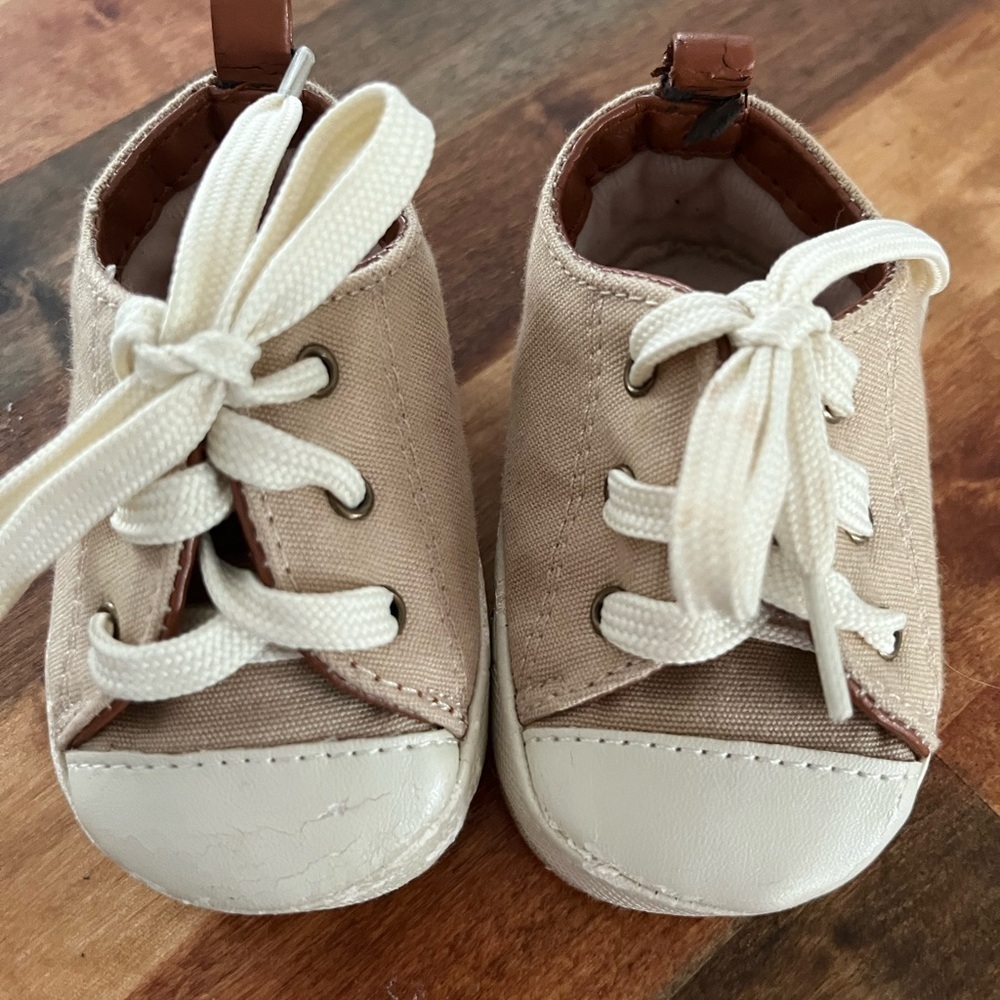 2 pair set - Beige Canvas Baby Walker Shoes with White Accents - Picture 4 of 6